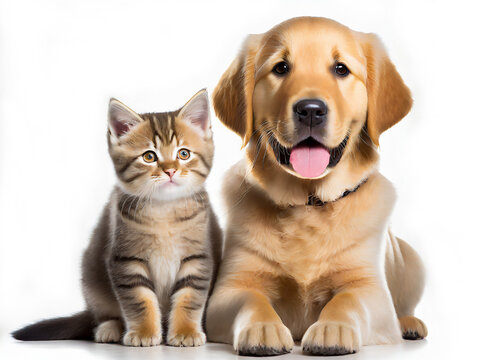 A Tabby Kitten and a Golden Retriever Puppy Sit Together on a White Background