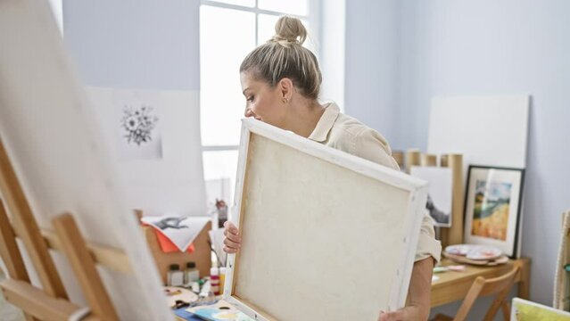 Young blonde woman artist smiling confident hanging draw on wall at art studio