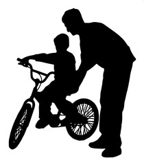 silhouette vector of a father and son riding a bike