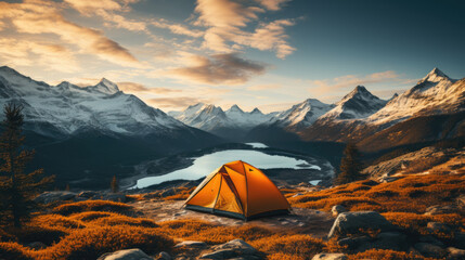 Camping orange tent in the high mountains at sunset. - obrazy, fototapety, plakaty