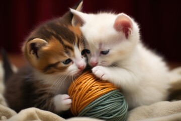two kittens wrestling for control of a ball of yarn