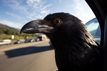 a crow cawing at its reflection in a car mirror - obrazy, fototapety, plakaty