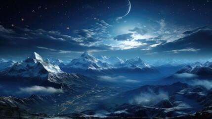 Fantasy planet. Mountain and night moon sky illustration.