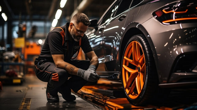 Side view of a caucasian mechanic fixing a car wheel in a workshop.  Working in garage, repair or maintenance auto service.