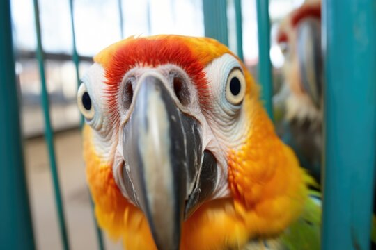 a parrot peeking from behind a cage at another free bird