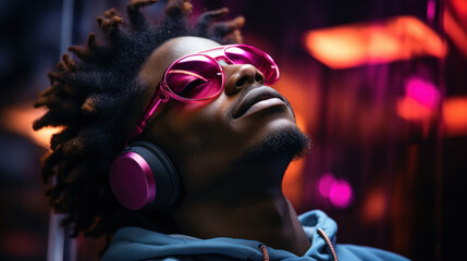 Young afro american man with pink headphones and sunglasses listening music in nightclub.