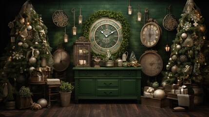 Stylish, unique background for watch lovers. Stylized reproductions of clocks on the background of Christmas celebrations. Green, golden tones. Generative AI - obrazy, fototapety, plakaty