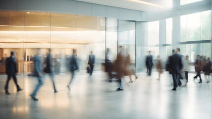 Fototapeta na wymiar Long exposure shot of crowd of business people walking in bright office lobby fast moving with blurry, generative ai