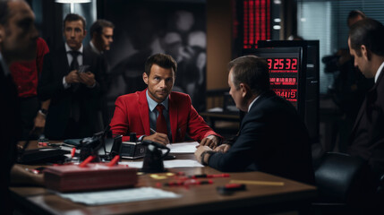 Men at physiological measures undergoing lie detector, polygraph test. Examining expert.