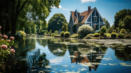 Beautiful house in the garden with reflection in the water, Holland.