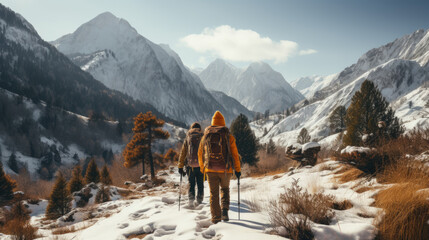 Couple of hikers walking in winter mountains. Man and woman hiking in snowy weather. - obrazy, fototapety, plakaty