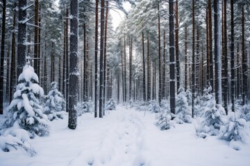 a dense pine forest blanketed in snow