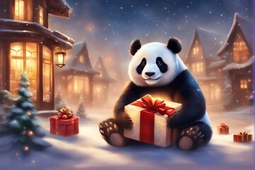 Panda with Christmas gifts in the snow, blurry background with beautiful lights in houses.