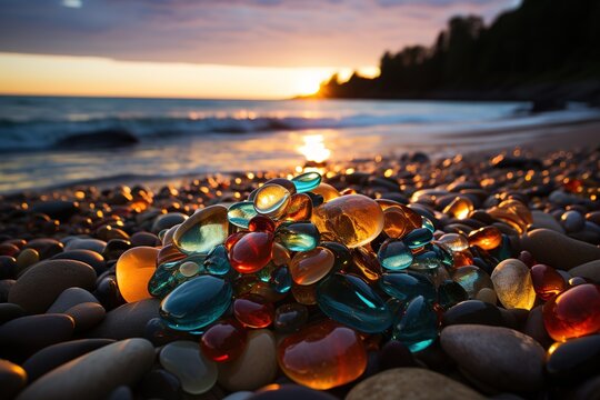 Photo of bright colorful sea glass stone shape in sand near light blue ocean blue sky Generative AI