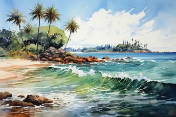 Painting watercolor seascape top view colorful of family painting of sunset at tropical beach coconut Generative AI