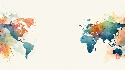 World Map Background Wallpaper Template Watercolor Illustration with Copy Space for Presentation Slides Concept of Green Earth Clean Renewable Energy Sustainable Responsible Business Eco Friendly 16:9 - obrazy, fototapety, plakaty