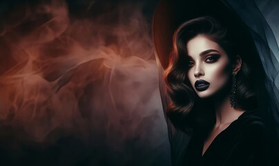 Portrait of a beautiful young woman with bright make-up and black lips. Women's Halloween costumes