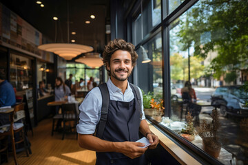 A man restaurant owner holding a paper in front of restaurant. Small business concept. - obrazy, fototapety, plakaty