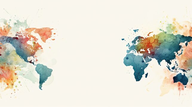Fototapeta World Map Background Wallpaper Template Watercolor Illustration with Copy Space for Presentation Slides Concept of Green Earth Clean Renewable Energy Sustainable Responsible Business Eco Friendly 16:9