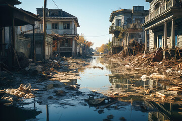 Fototapeta premium Flooded house sitting on top of a flooded street.Water disaster in the neighborhood