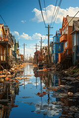 Flooded house sitting on top of a flooded street.Water disaster in the neighborhood