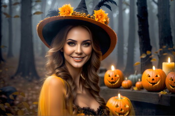 A girl on Halloween with a carved pumpkin and candle lights in a dark forest, wearing a hat with flowers and feathers