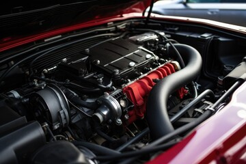 close up of a car engine under the hood - obrazy, fototapety, plakaty