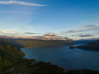 Aerial shot of Chapo Lake in Los Lagos Region, Chile.