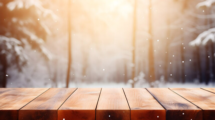 Empty wooden table on defocused winter forest, serene, minimalistic scene for mockup presentations and rustic, seasonal designs. Winter or Christmas scene with mockup table on background of winter 