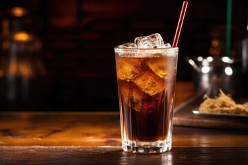 glass of root beer with ice and straw