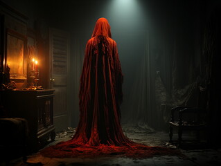 Woman in the room with a red coat - obrazy, fototapety, plakaty