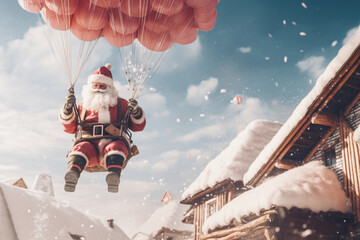 Santa Claus has landed with a parachute on the roof top of the house and trying to find the chimney. Creative fun winter scene for new year. - obrazy, fototapety, plakaty