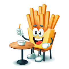 French fries at the table. A comic character advertises himself in a cafe, restaurant, fast food. Food. Business. Can be used for collage and web design, print.