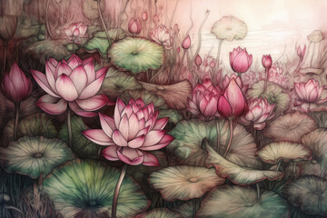 Lotus Flower, Art. Pink lotuses, watercolor. Lotus flowers background. Water lilies in the pond