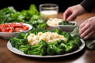 hand garnishing orecchiette and broccoli rabe dish with grated cheese - obrazy, fototapety, plakaty