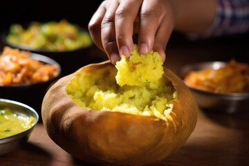 hand stuffing potato mash into a hole of a puri