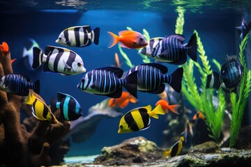 a group of colorful fish swimming together with one black fish alone - Powered by Adobe
