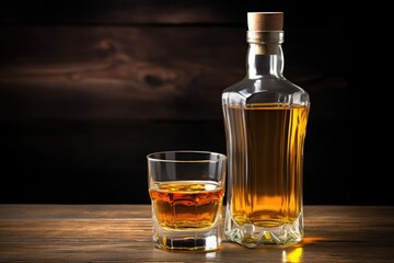 an empty bottle of liquor next to a full glass