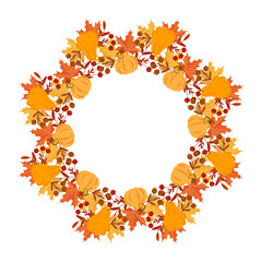 Thanksgiving wreath with mushrooms, acorns and autumn oak leaves. Print, autumn illustration, vector
