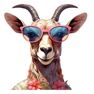 goat wearing pink sunglasses, floral clip art preview