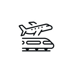 Transportation. By plane and train linear icon. Thin line customizable illustration. Contour symbol. Vector isolated outline drawing. Editable stroke