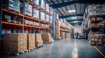 Retail warehouse full of shelves with goods in cartons and crates, with pallets and forklifts. Logistics and transportation.