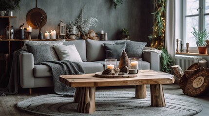 cozy Christmas living room interior with gray sofa, wooden table and natural decor
