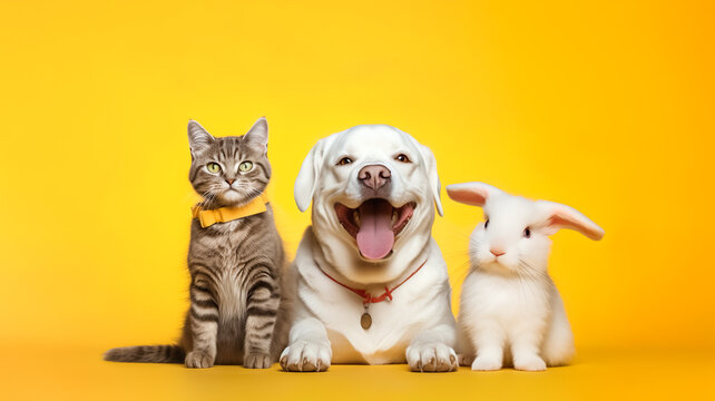 portrait of dog,cat and rabbit in pestel background.friend and relationship of pet concepts