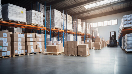 Retail warehouse full of shelves with goods in cartons and crates, with pallets and forklifts. Logistics and transportation.