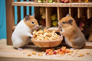 hamsters sharing food from a feeder in a small cage