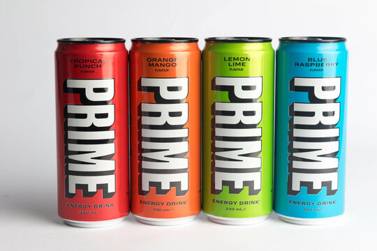 London, United Kingdom, 18th October 2023:- Four Cans of Prime Energy drink, promoted by Youtubers Logan Paul and KSI