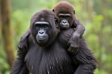 Obraz premium gorilla mother carrying her child on her back