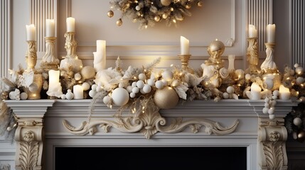 close up of luxury fireplace mantel decoration with fir garland and candles