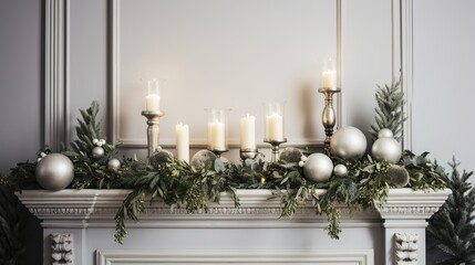 close up of luxury fireplace mantel decoration with fir garland and candles